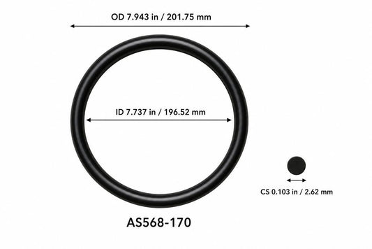 AS568-170 smooth black O-ring with ID, OD and separate cross-section dimensions