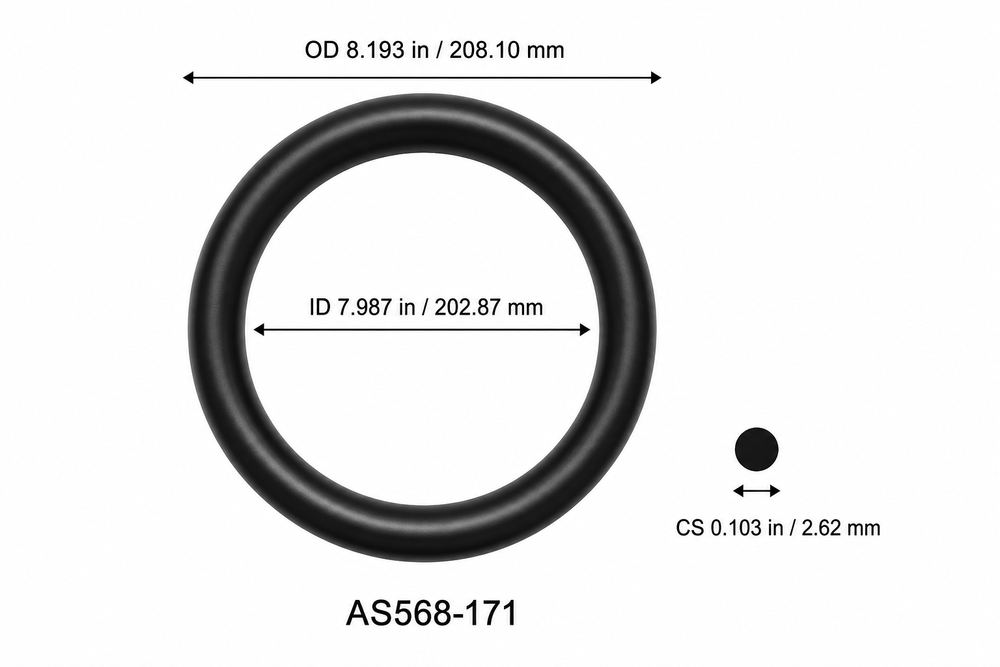 AS568-171 smooth black O-ring with ID, OD and separate cross-section dimensions