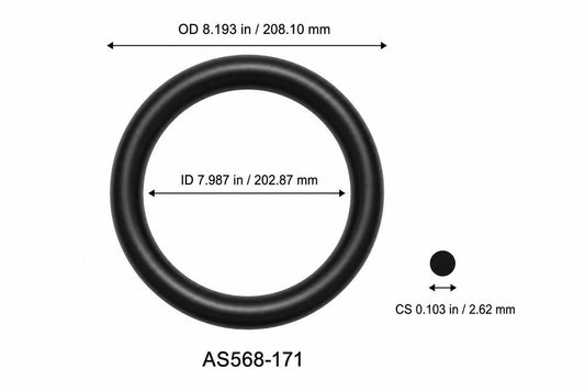 AS568-171 smooth black O-ring with ID, OD and separate cross-section dimensions