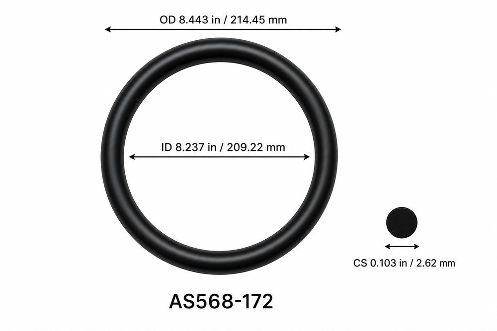 AS568-172 smooth black O-ring with ID, OD and separate cross-section dimensions