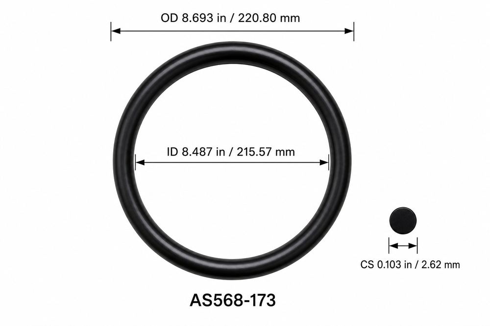 AS568-173 smooth black O-ring with ID, OD and separate cross-section dimensions