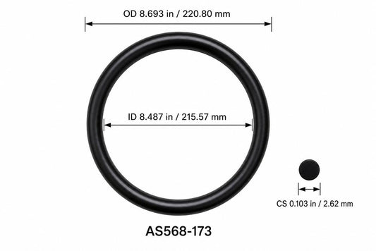 AS568-173 smooth black O-ring with ID, OD and separate cross-section dimensions