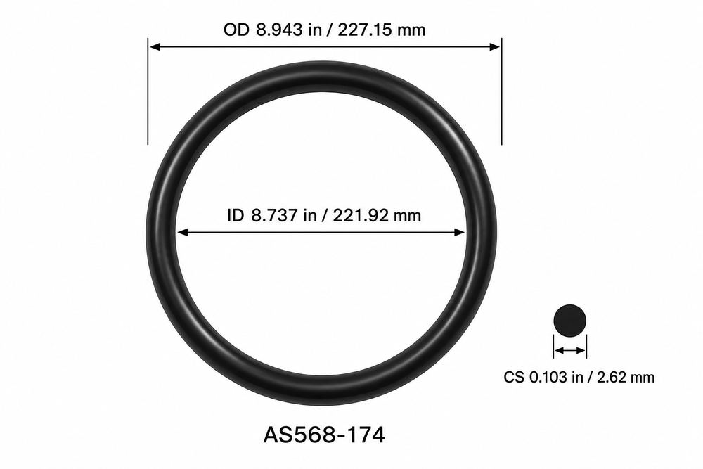 AS568-174 smooth black O-ring with ID, OD and separate cross-section dimensions