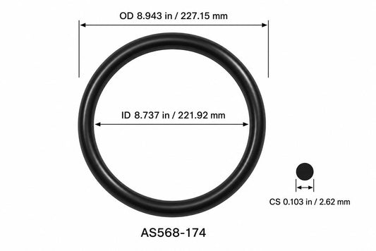 AS568-174 smooth black O-ring with ID, OD and separate cross-section dimensions