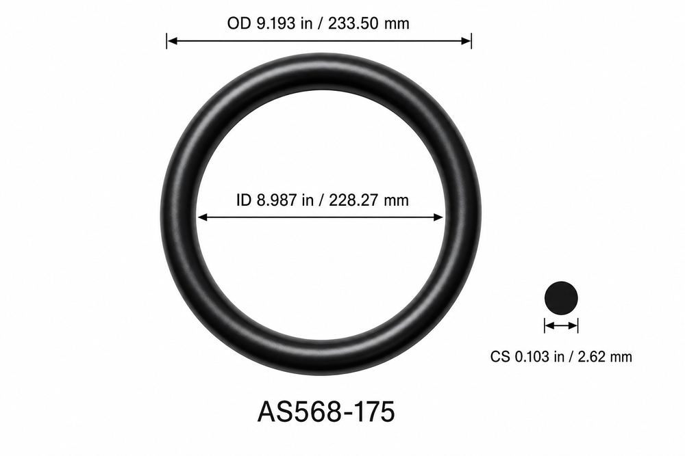 AS568-175 smooth black O-ring with ID, OD and separate cross-section dimensions