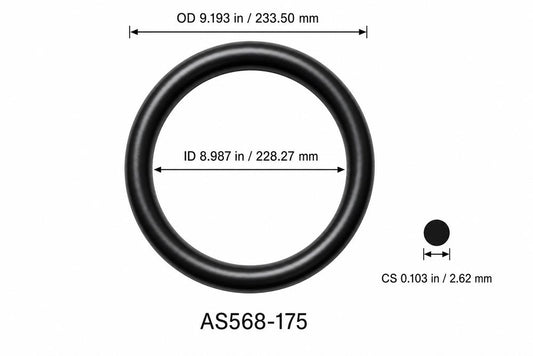 AS568-175 smooth black O-ring with ID, OD and separate cross-section dimensions