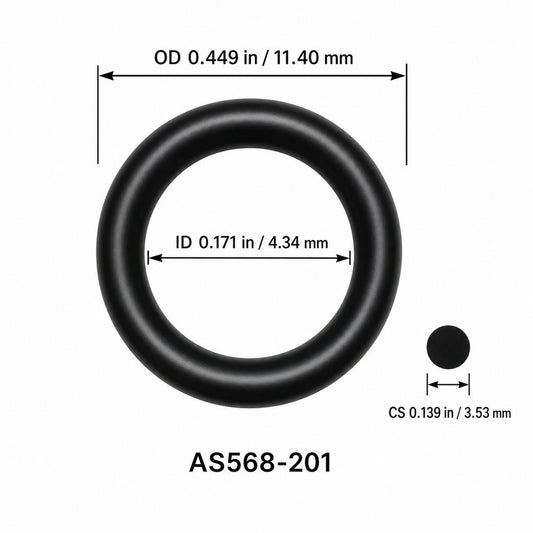 AS568-201 smooth black O-ring with ID, OD and separate cross-section dimensions