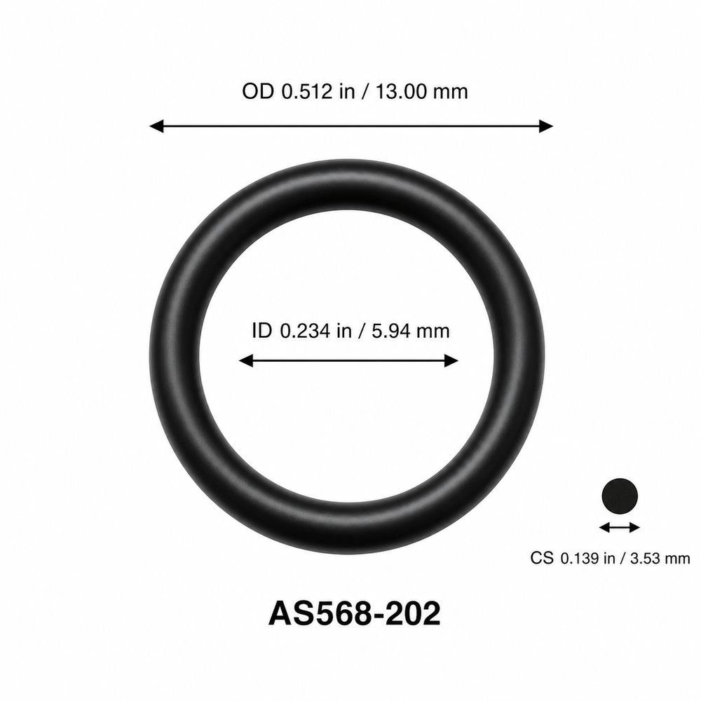 AS568-202 smooth black O-ring with ID, OD and separate cross-section dimensions
