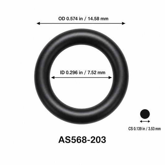 AS568-203 smooth black O-ring with ID, OD and separate cross-section dimensions
