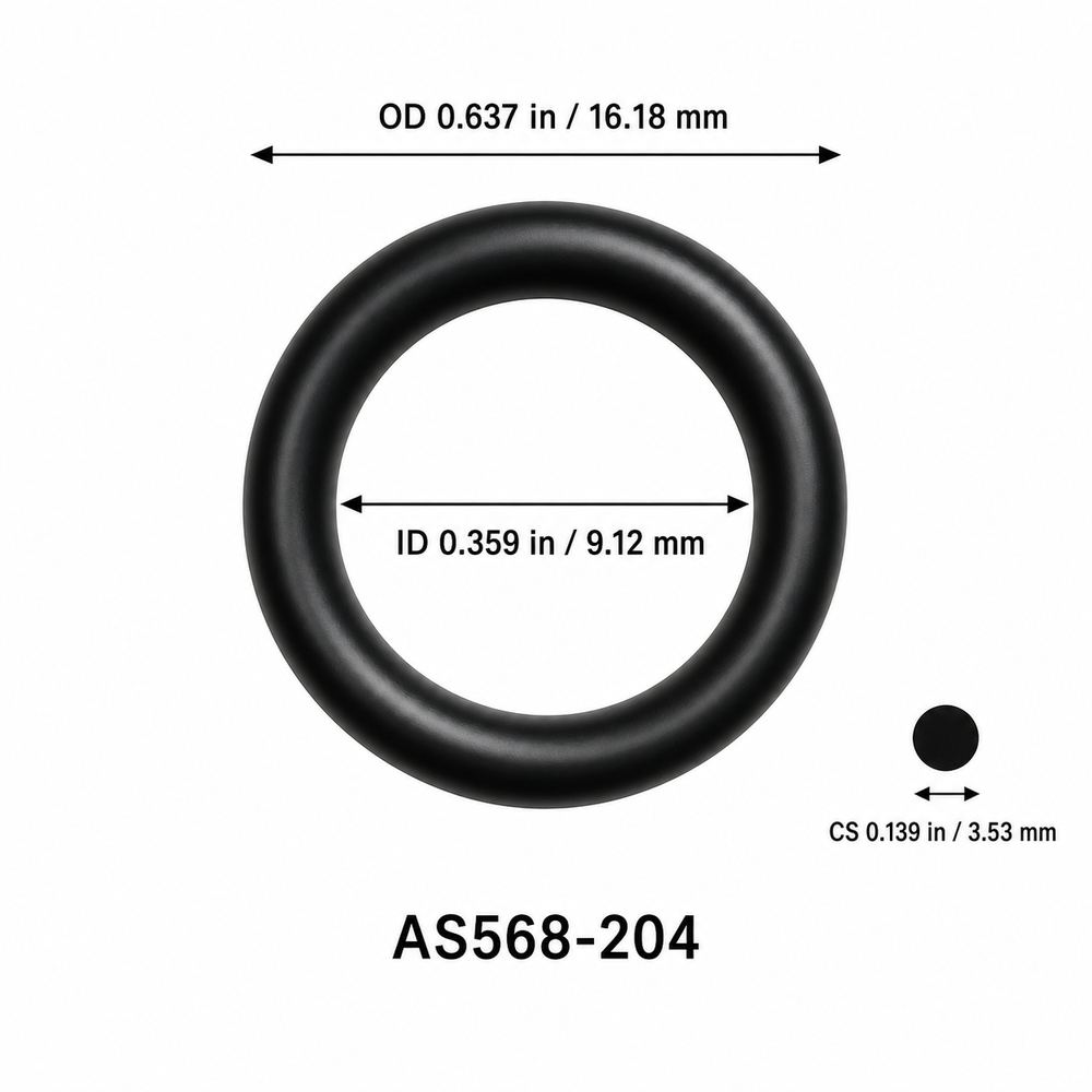 AS568-204 smooth black O-ring with ID, OD and separate cross-section dimensions