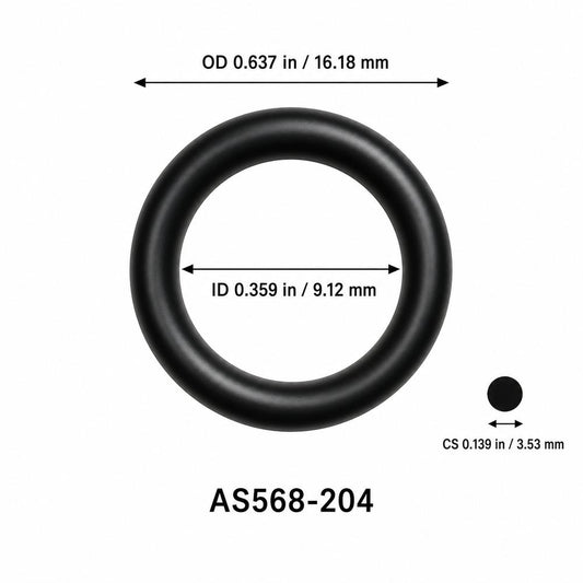 AS568-204 smooth black O-ring with ID, OD and separate cross-section dimensions