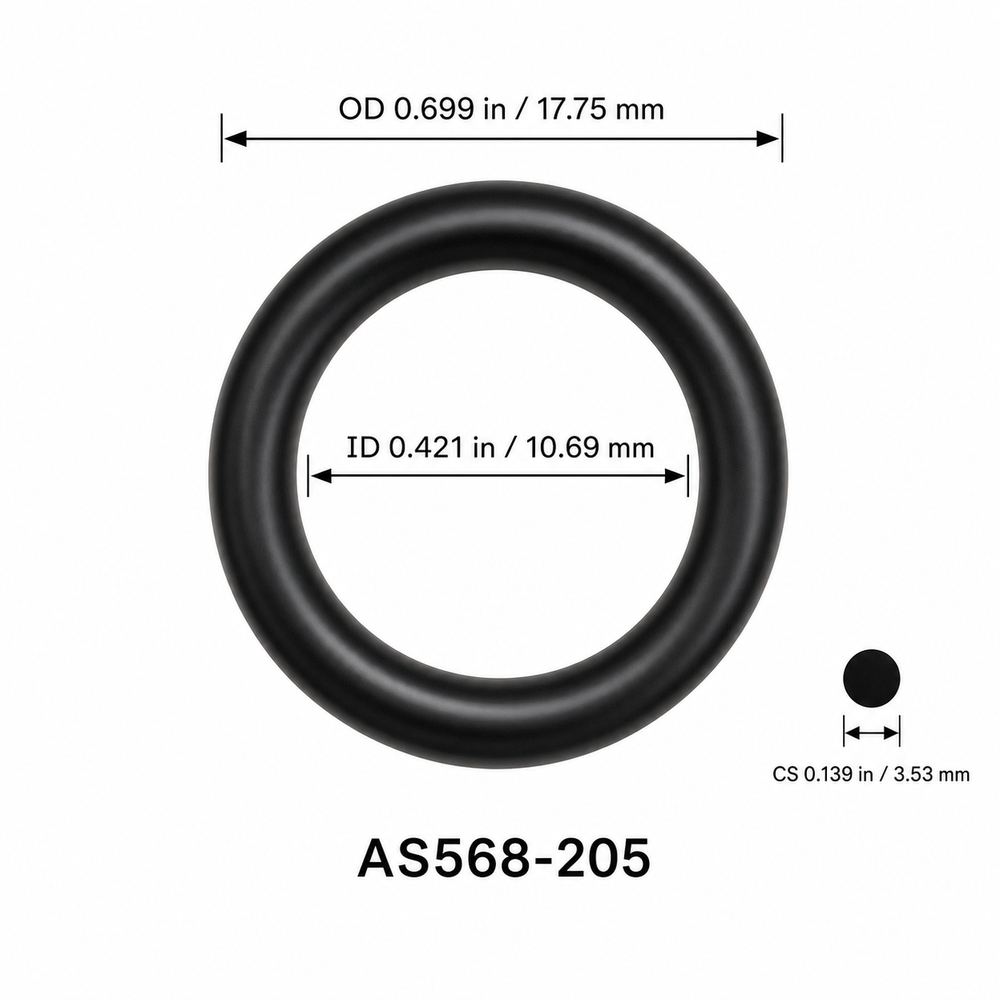 AS568-205 smooth black O-ring with ID, OD and separate cross-section dimensions