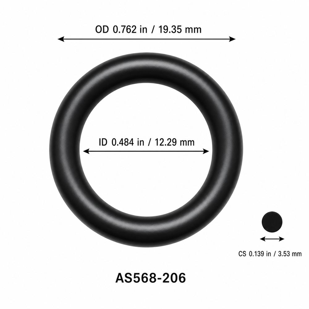 AS568-206 smooth black O-ring with ID, OD and separate cross-section dimensions