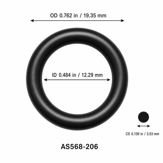 AS568-206 smooth black O-ring with ID, OD and separate cross-section dimensions