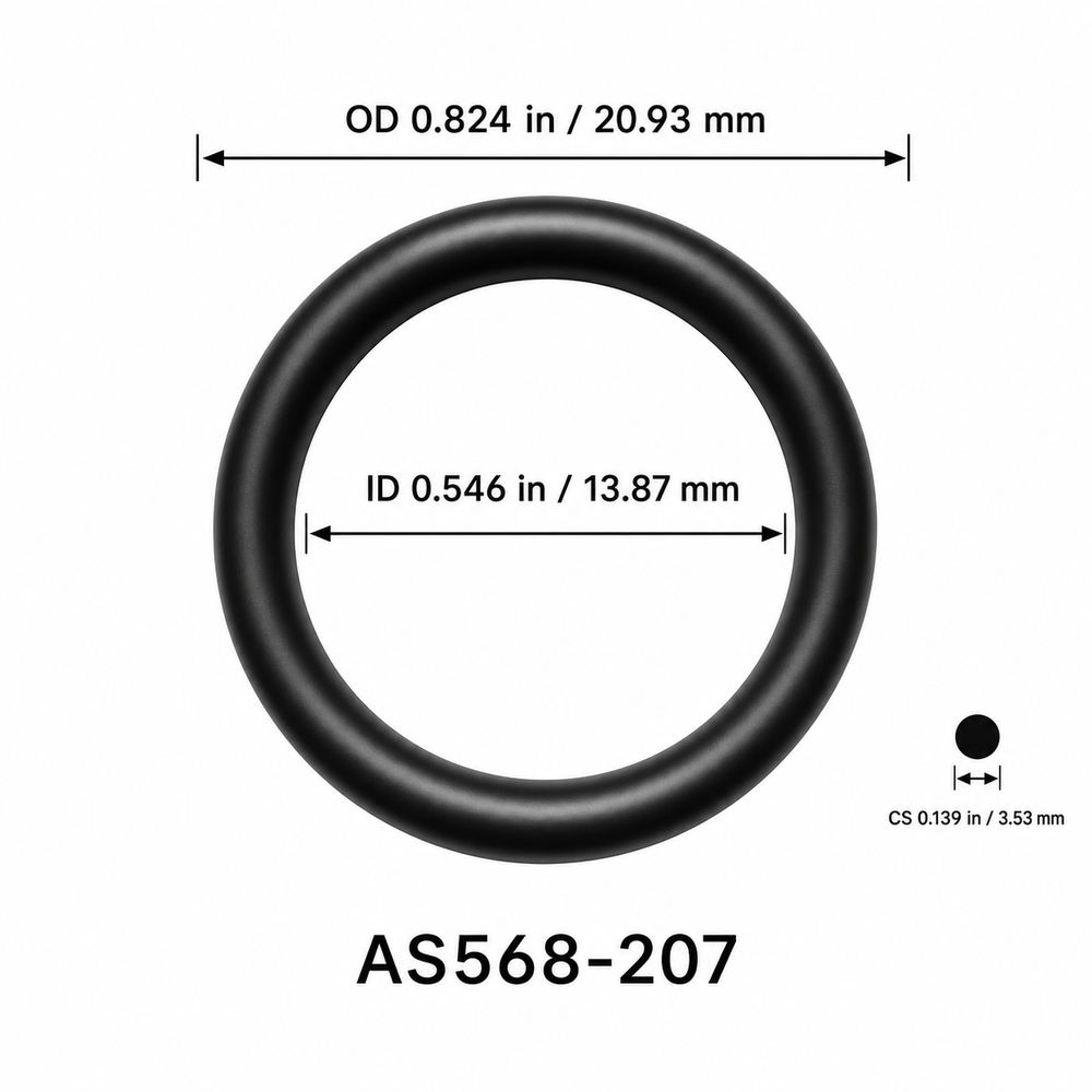 AS568-207 smooth black O-ring with ID, OD and separate cross-section dimensions