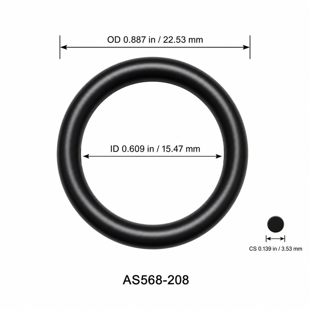 AS568-208 smooth black O-ring with ID, OD and separate cross-section dimensions