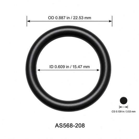 AS568-208 smooth black O-ring with ID, OD and separate cross-section dimensions