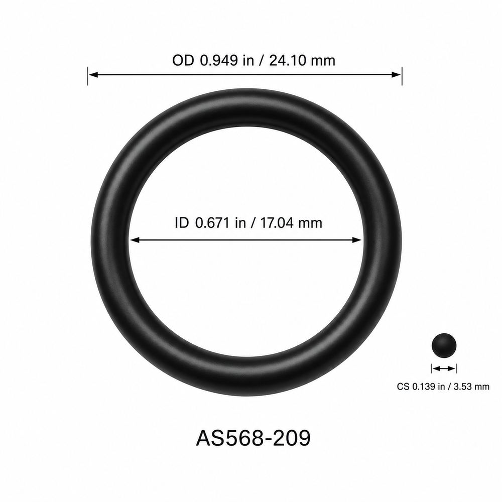 AS568-209 smooth black O-ring with ID, OD and separate cross-section dimensions