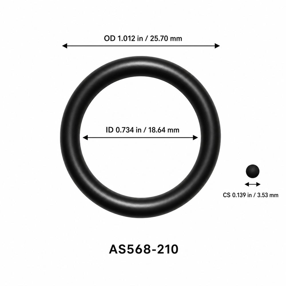 AS568-210 smooth black O-ring with ID, OD and separate cross-section dimensions