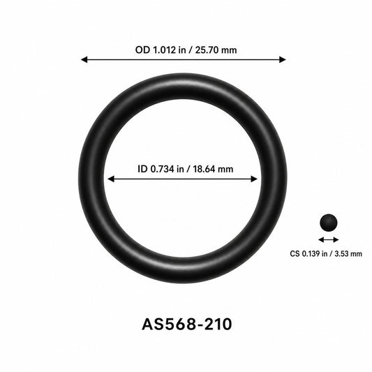 AS568-210 smooth black O-ring with ID, OD and separate cross-section dimensions