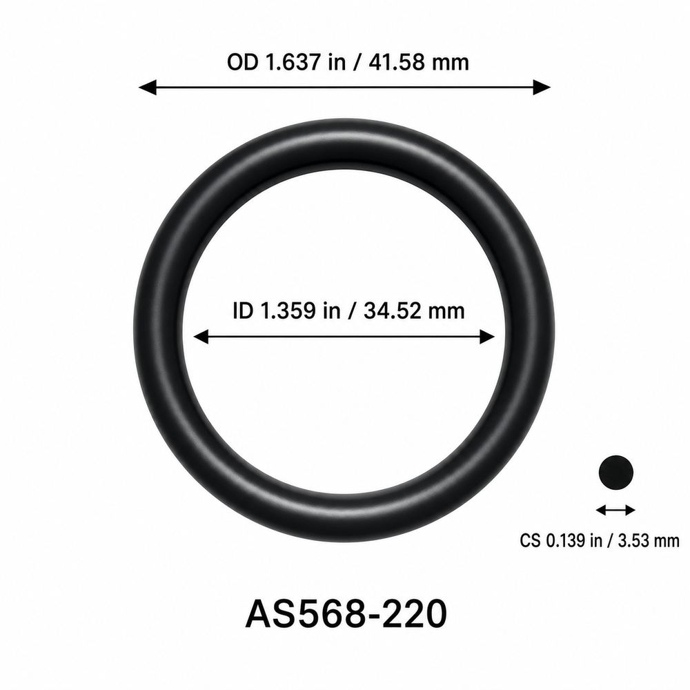 AS568-220 smooth black O-ring with ID, OD and separate cross-section dimensions