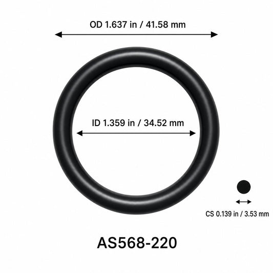 AS568-220 smooth black O-ring with ID, OD and separate cross-section dimensions
