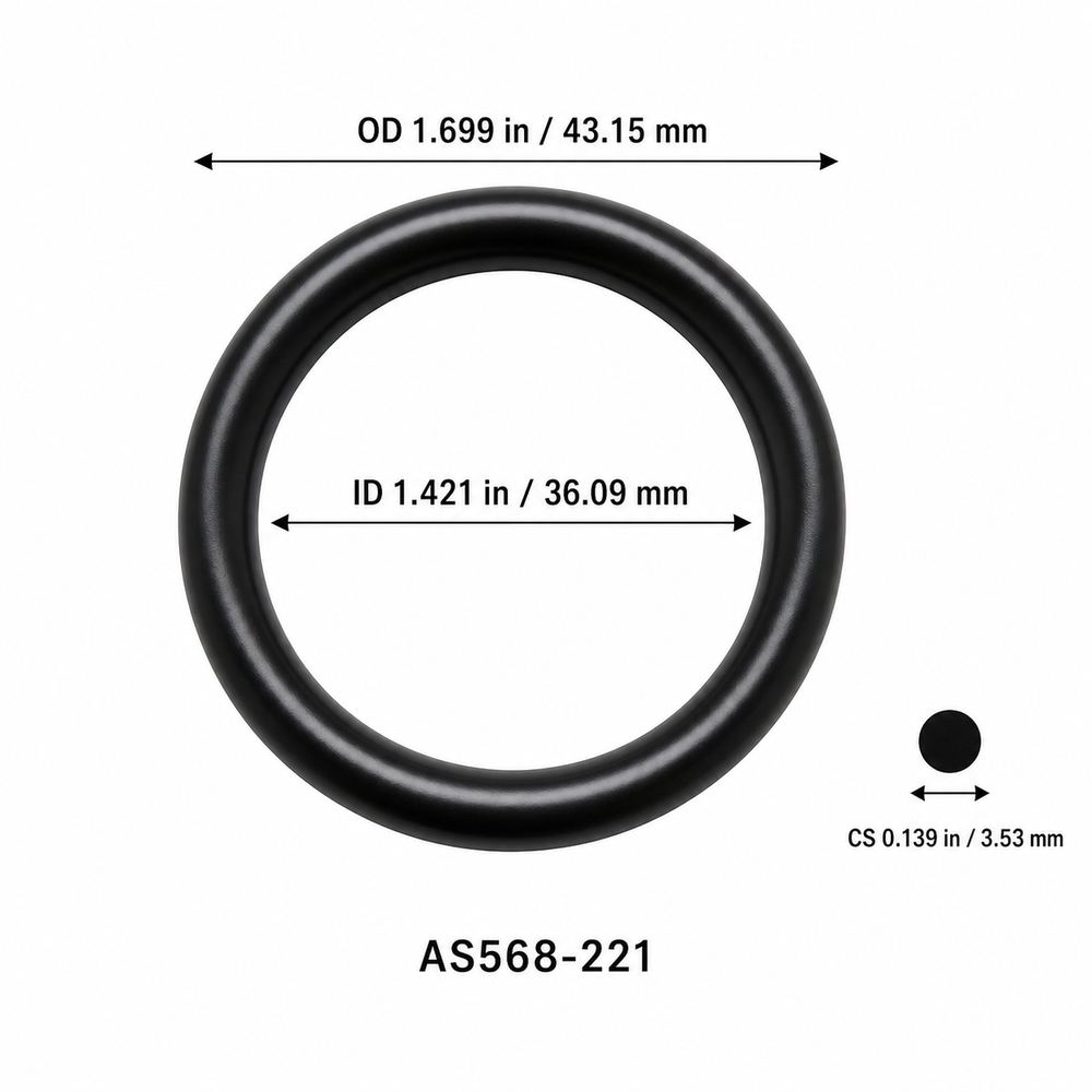AS568-221 smooth black O-ring with ID, OD and separate cross-section dimensions