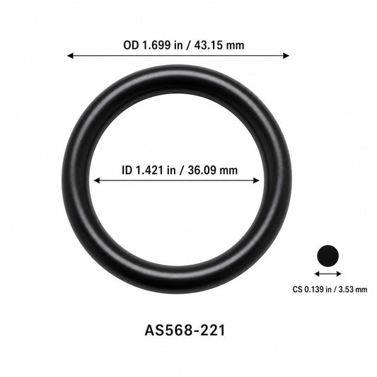 AS568-221 smooth black O-ring with ID, OD and separate cross-section dimensions