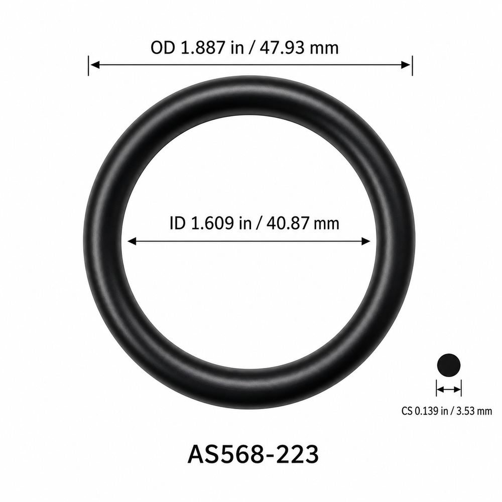 AS568-223 smooth black O-ring with ID, OD and separate cross-section dimensions