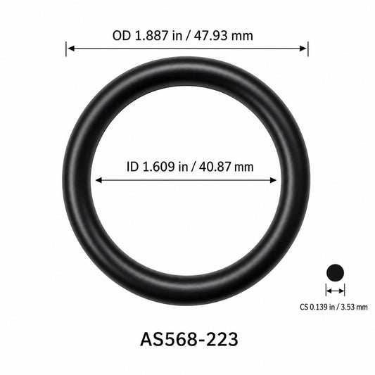 AS568-223 smooth black O-ring with ID, OD and separate cross-section dimensions