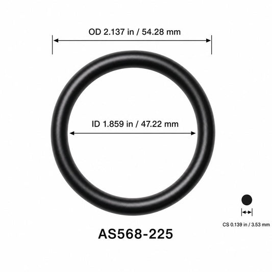 AS568-225 smooth black O-ring with ID, OD and separate cross-section dimensions