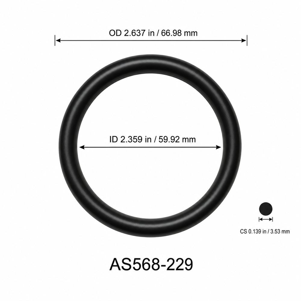 AS568-229 smooth black O-ring with ID, OD and separate cross-section dimensions