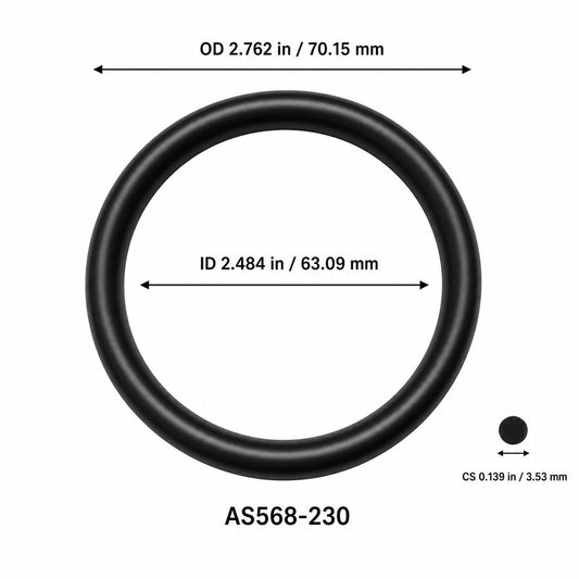 AS568-230 smooth black O-ring with ID, OD and separate cross-section dimensions