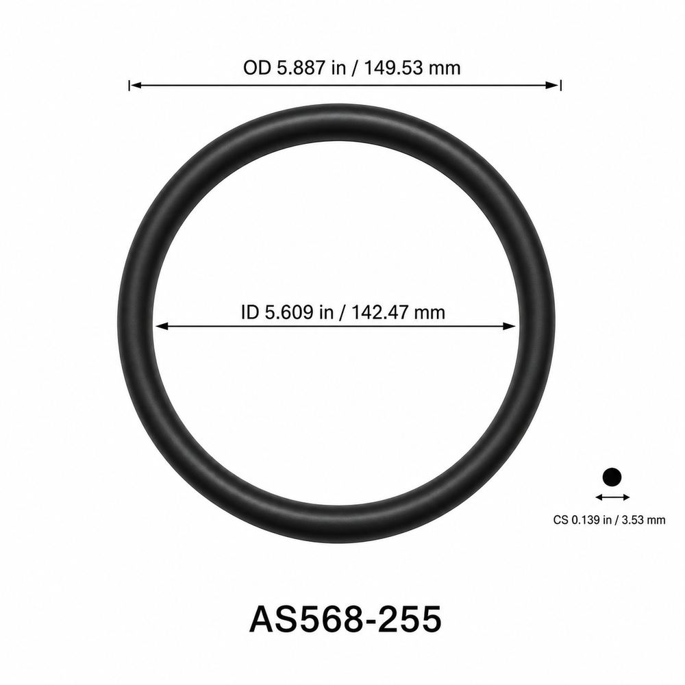 AS568-255 O-Ring – 5.609 in ID × 0.139 in CS – dimensional diagram showing ID, OD and cross-section