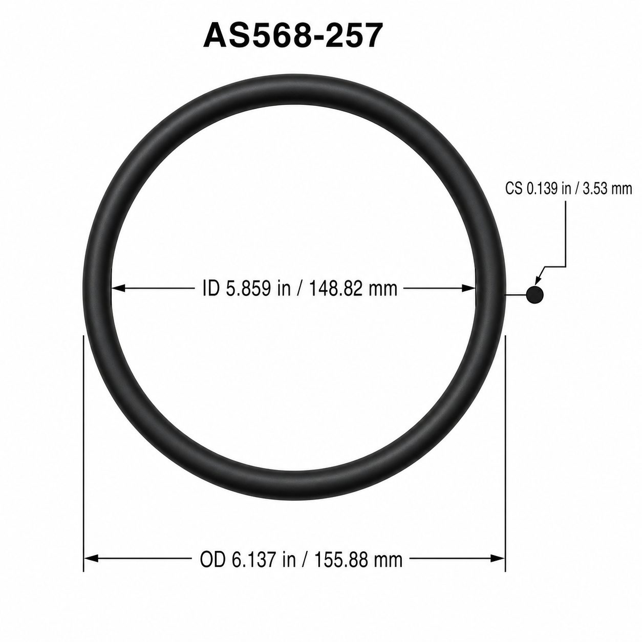 AS568-257 O-Ring – 5.859 in ID × 0.139 in CS – dimensional diagram showing ID, OD and cross-section