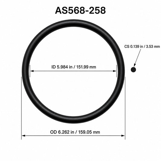 AS568-258 O-Ring – 5.984 in ID × 0.139 in CS – dimensional diagram showing ID, OD and cross-section