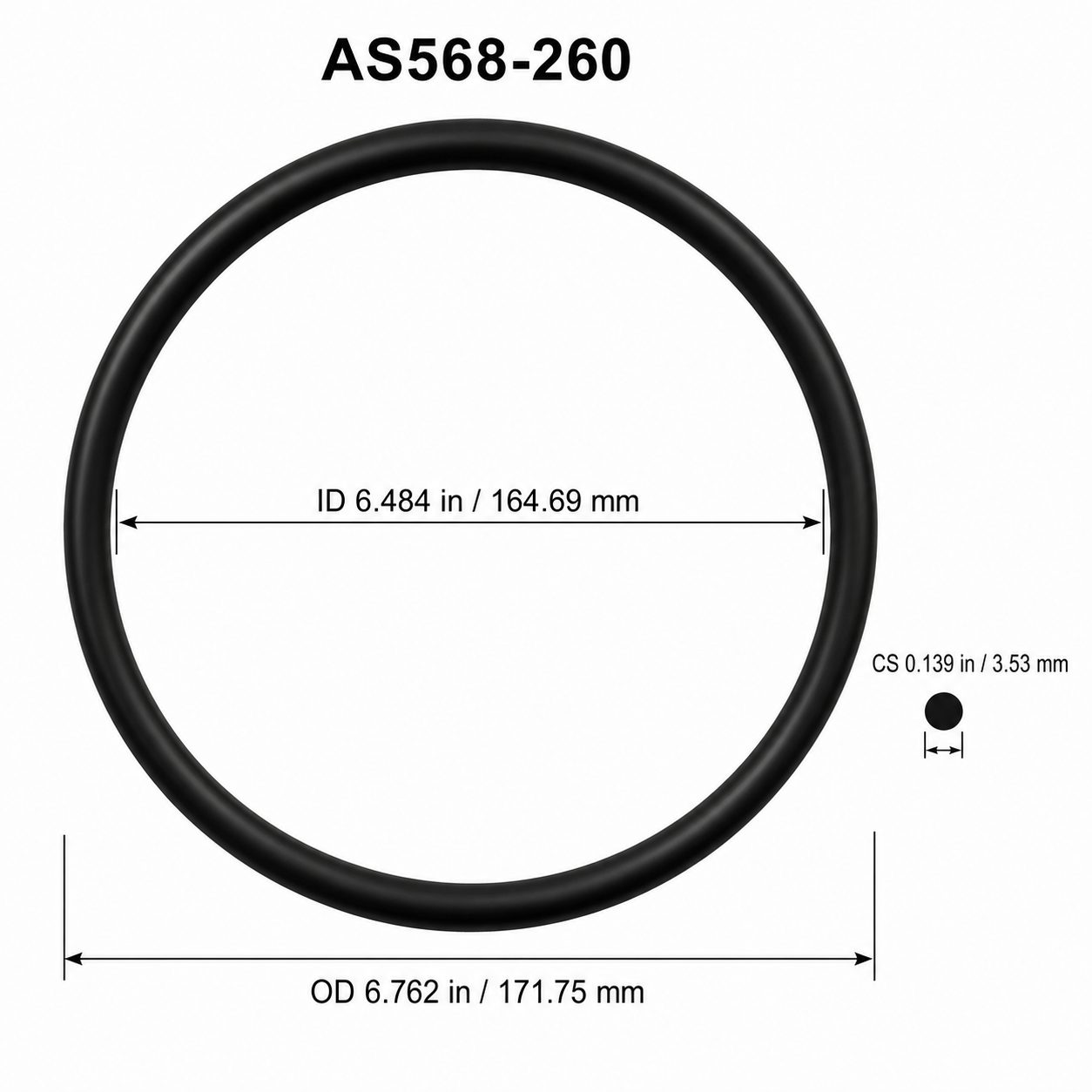 AS568-260 O-Ring – 6.484 in ID × 0.139 in CS – dimensional diagram showing ID, OD and cross-section