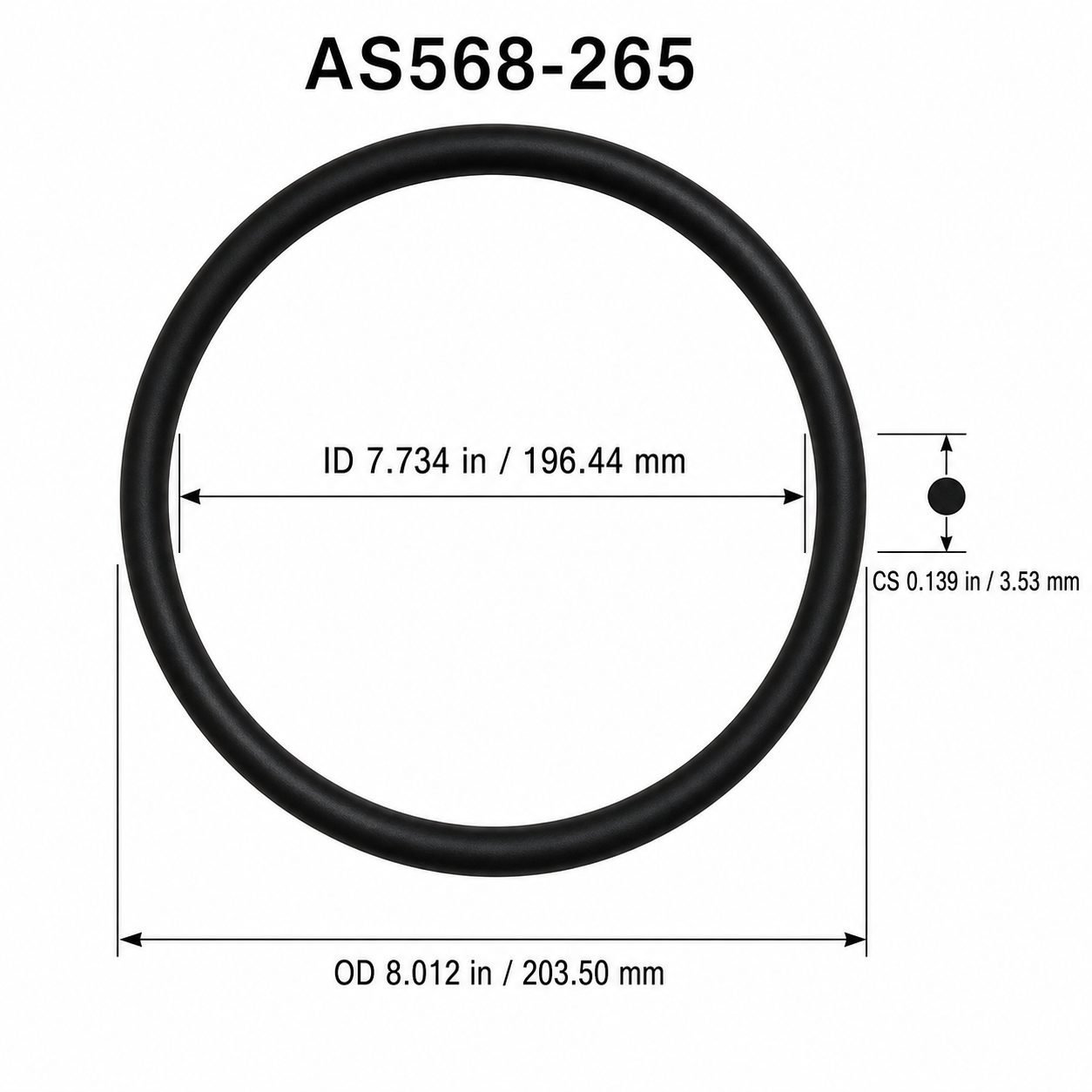 AS568-265 O-Ring – 7.734 in ID × 0.139 in CS – dimensional diagram showing ID, OD and cross-section