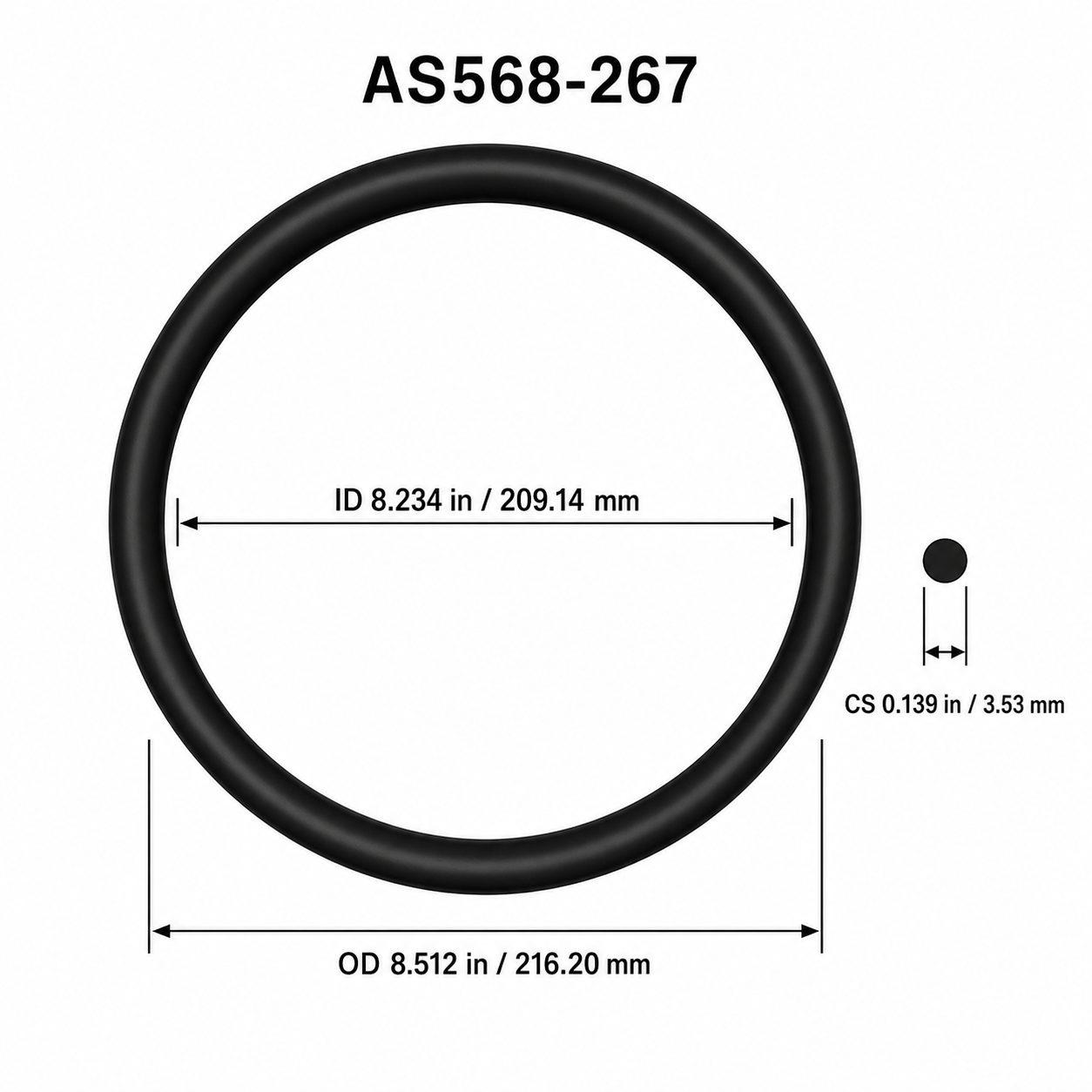AS568-267 O-Ring – 8.234 in ID × 0.139 in CS – dimensional diagram showing ID, OD and cross-section