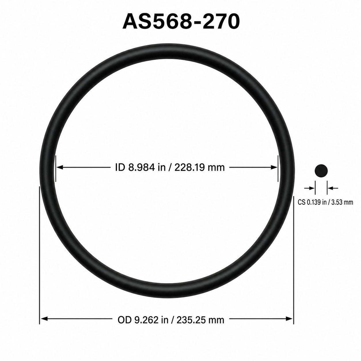 AS568-270 O-Ring – 8.984 in ID × 0.139 in CS – dimensional diagram showing ID, OD and cross-section