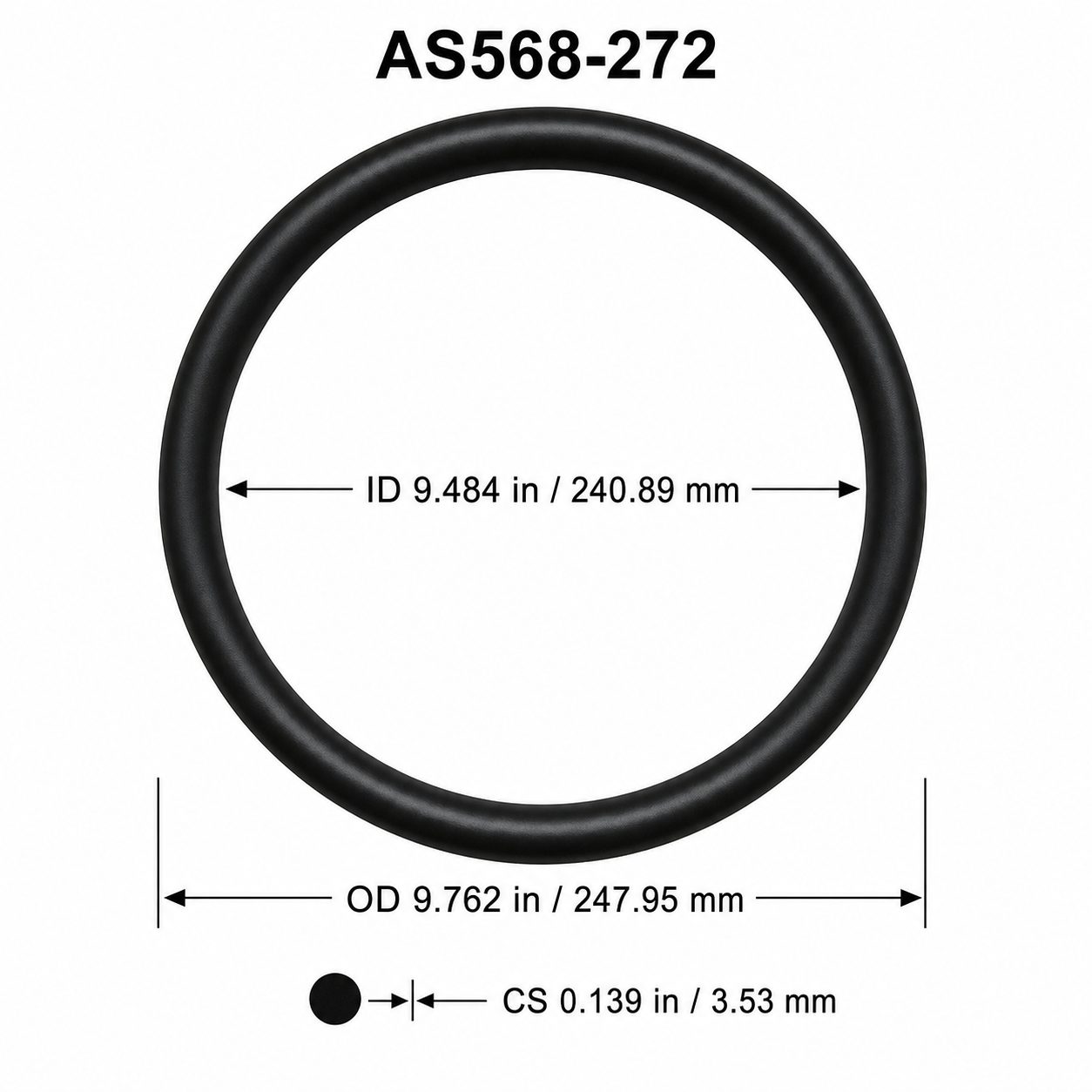 AS568-272 O-Ring – 9.484 in ID × 0.139 in CS – dimensional diagram showing ID, OD and cross-section