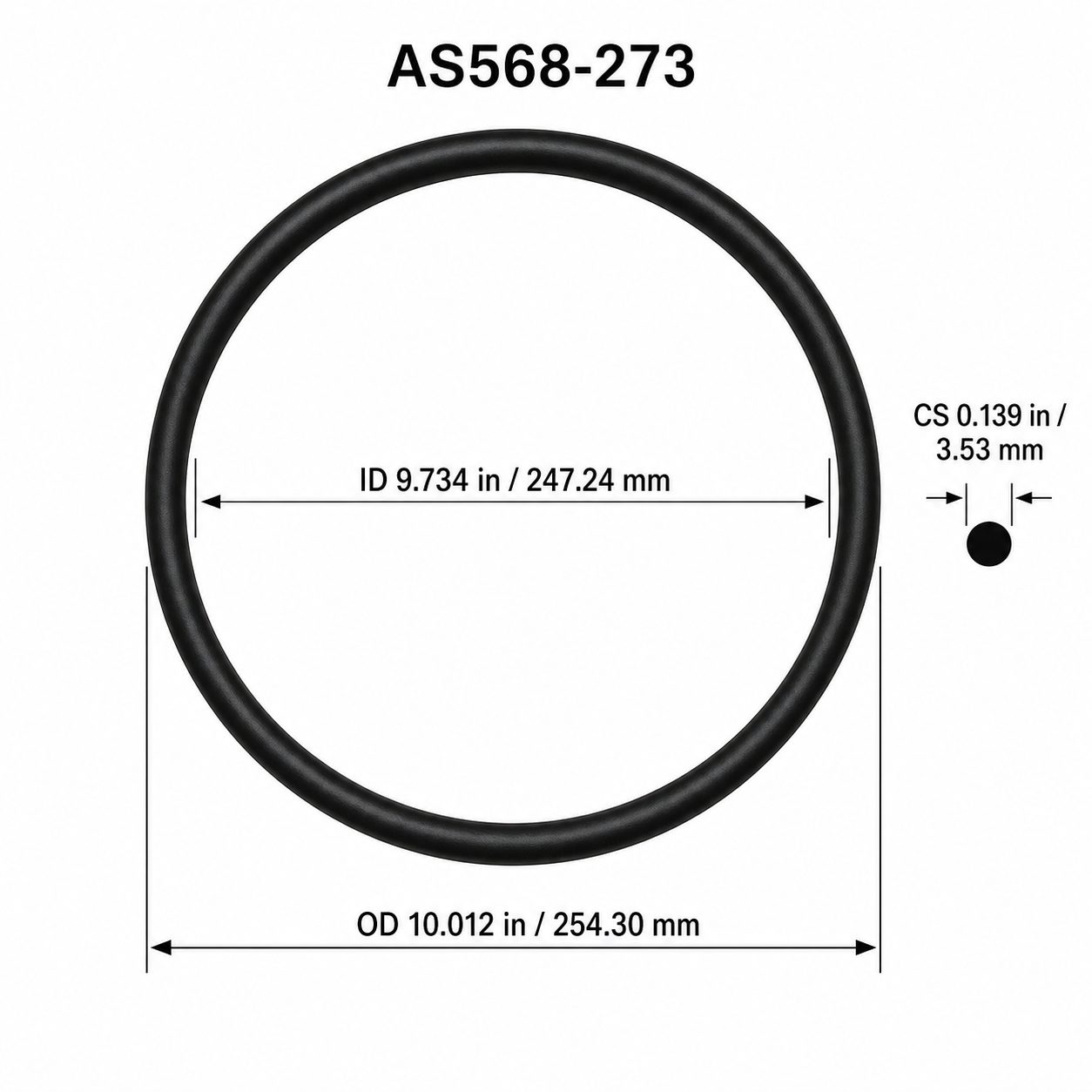AS568-273 O-Ring – 9.734 in ID × 0.139 in CS – dimensional diagram showing ID, OD and cross-section