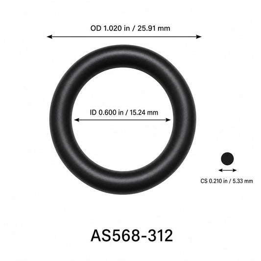 AS568-312 O-Ring – 0.600 in ID × 0.210 in CS – dimensional diagram showing ID, OD and cross-section