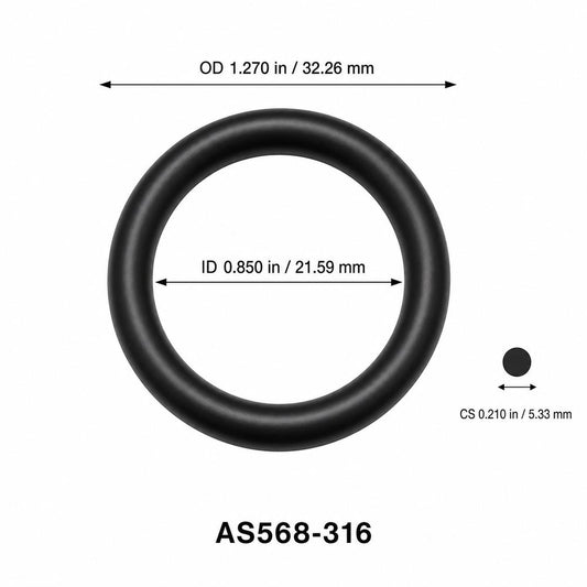 AS568-316 O-Ring – 0.850 in ID × 0.210 in CS – dimensional diagram showing ID, OD and cross-section