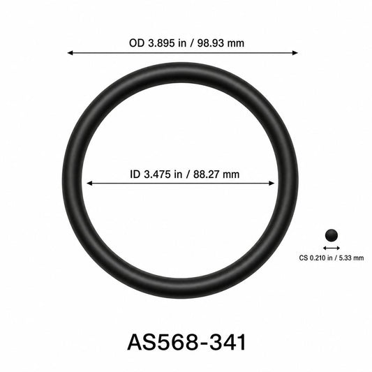 AS568-341 O-Ring – 3.475 in ID × 0.210 in CS – dimensional diagram showing ID, OD and cross-section