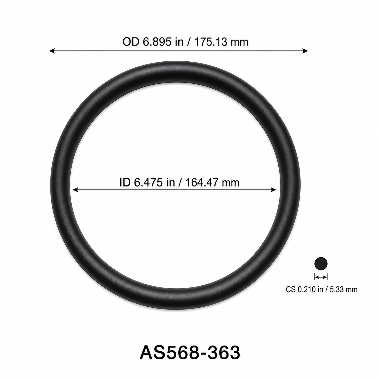 AS568-363 O-Ring – 6.475 in ID × 0.210 in CS – dimensional diagram showing ID, OD and cross-section