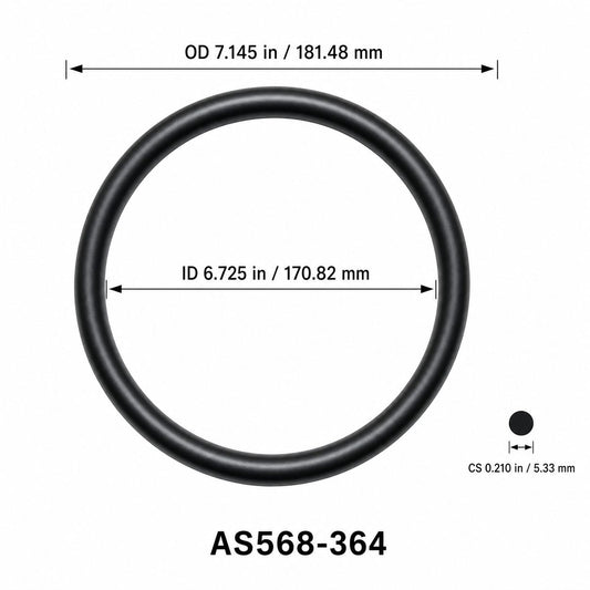 AS568-364 O-Ring – 6.725 in ID × 0.210 in CS – dimensional diagram showing ID, OD and cross-section
