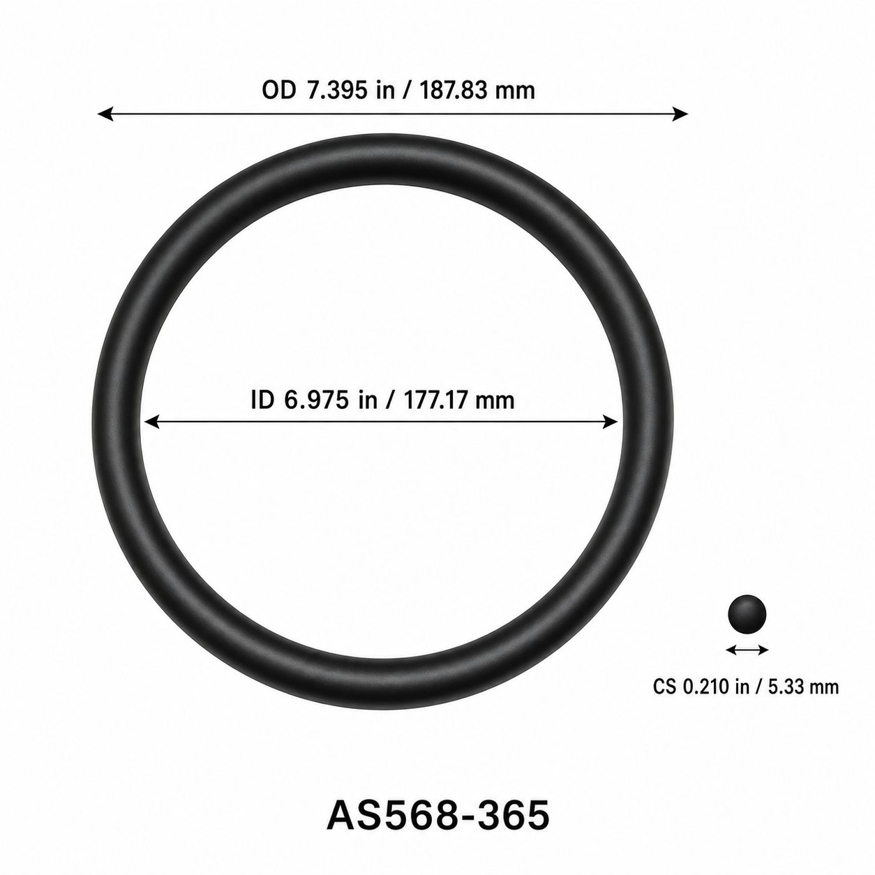 AS568-365 O-Ring – 6.975 in ID × 0.210 in CS – dimensional diagram showing ID, OD and cross-section