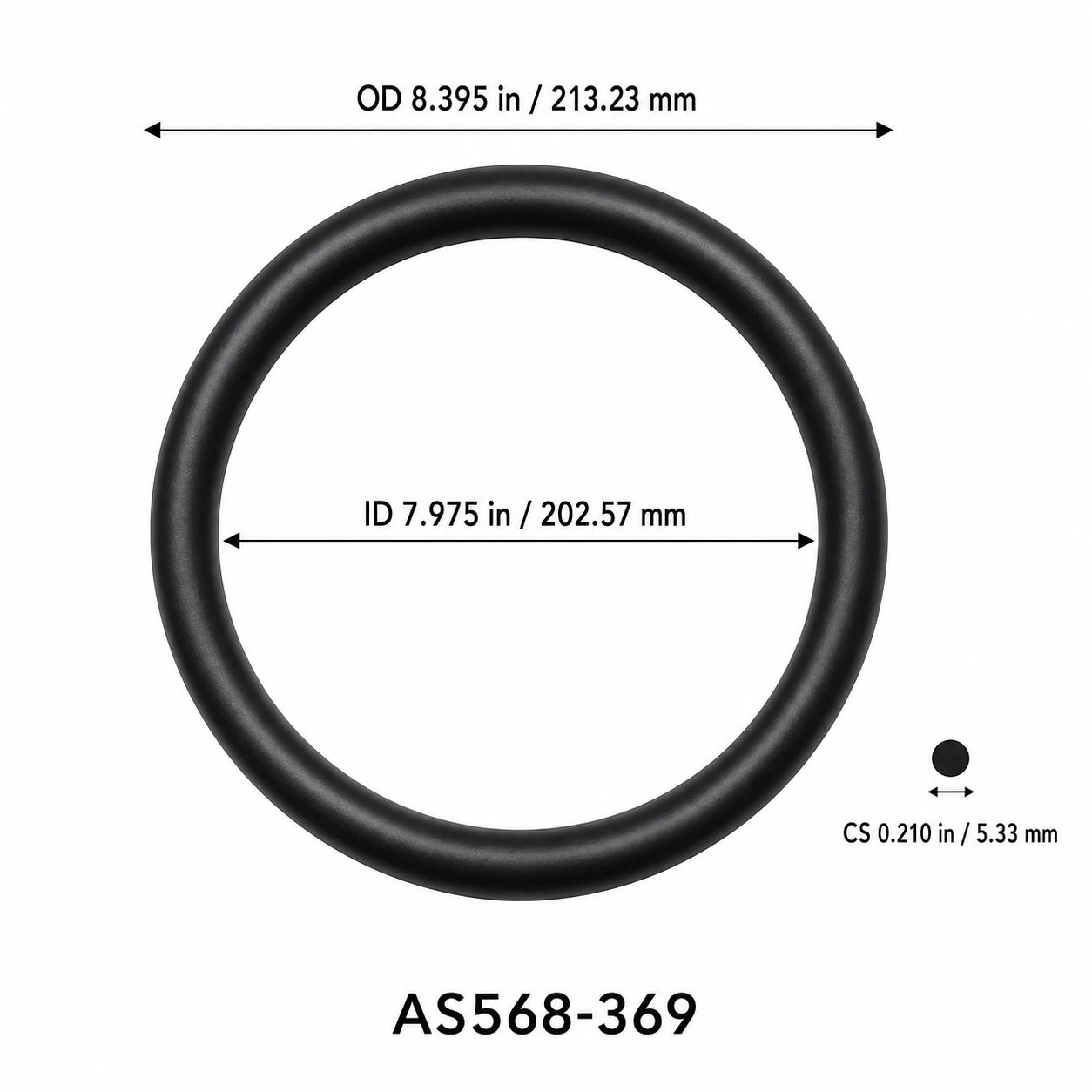 AS568-369 O-Ring – 7.975 in ID × 0.210 in CS – dimensional diagram showing ID, OD and cross-section