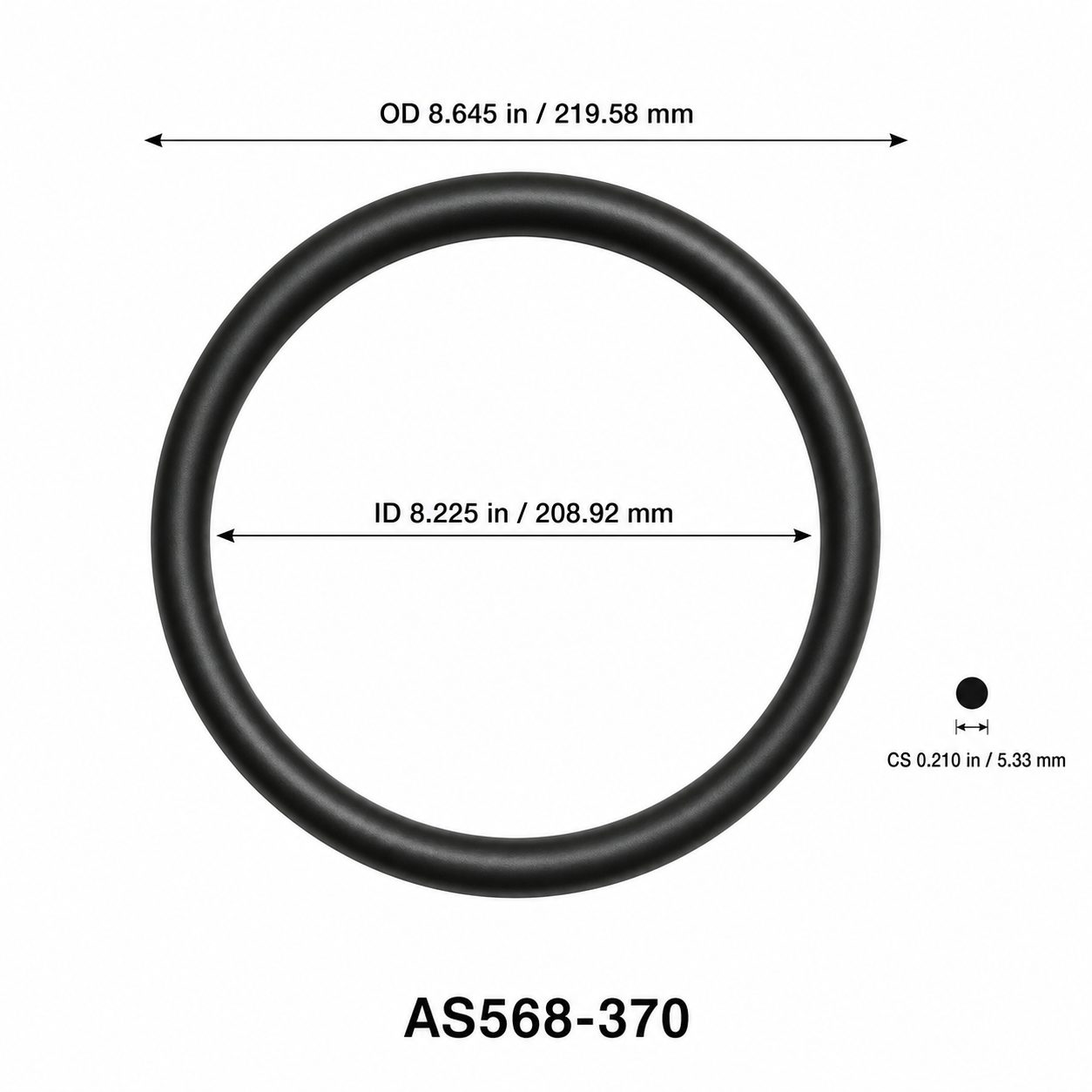 AS568-370 O-Ring – 8.225 in ID × 0.210 in CS – dimensional diagram showing ID, OD and cross-section